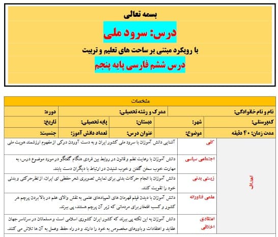 طرح درس تمام ساحتی ملی درس سرود ملی فارسی پنجم