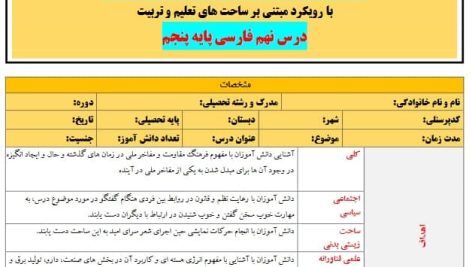 طرح درس تمام ساحتی ملی نام آوران دیروز امروز فردا فارسی پنجم