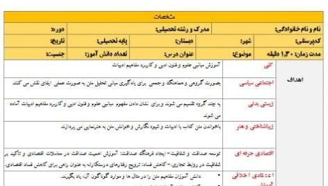 طرح درس تمام ساحتی مبانی تحلیل متن علوم و فنون دهم