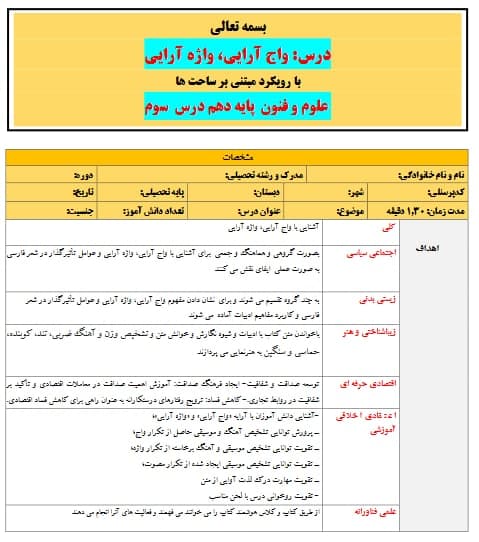 طرح درس تمام ساحتی واج آرایی واژه آرایی علوم و فنون دهم